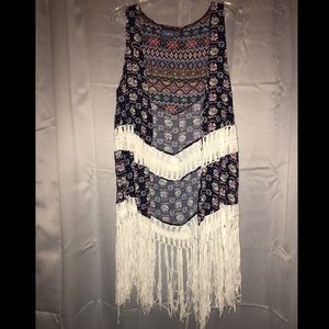 tribal pattern sleeveless cardigan with fringe